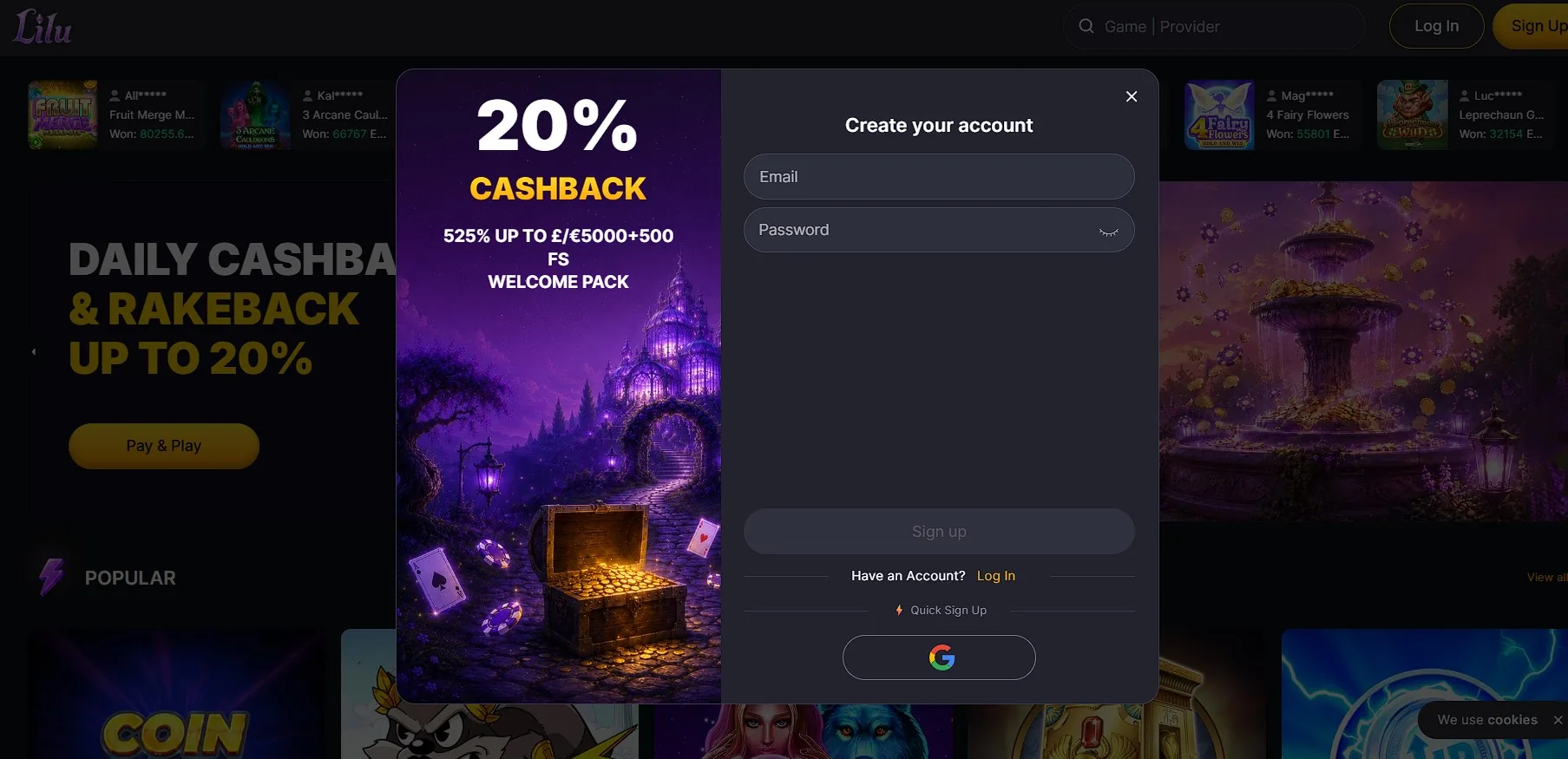 Lilu Casino welcome bonus with a 525% match up to £5,000 and 500 free spins for United Kingdom players